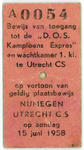 845883 Afbeelding van het treinkaartje voor de D.O.S. Kampioens Express , de treinreis naar Nijmegen waar de ...